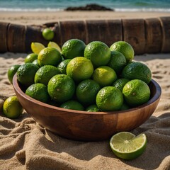 A cluster of key limes in a wooden bowl on a beach-inspired background.