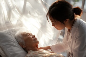 Obraz premium Compassionate care: nurse assisting senior citizen with vital support, practical service, promoting dignity, fostering comfort, elder aid, nurturing environment, healthcare provision.