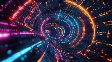 Fototapeta premium Abstract swirling neon tunnel with vibrant colors and digital particles.