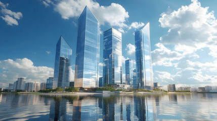 Obraz premium Modern Skyscrapers Reflecting on Water Under a Blue Sky