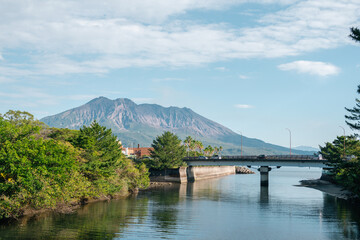 Obraz premium Gionnosu Park and Sakurajima volcano island in Kagoshima, Japan