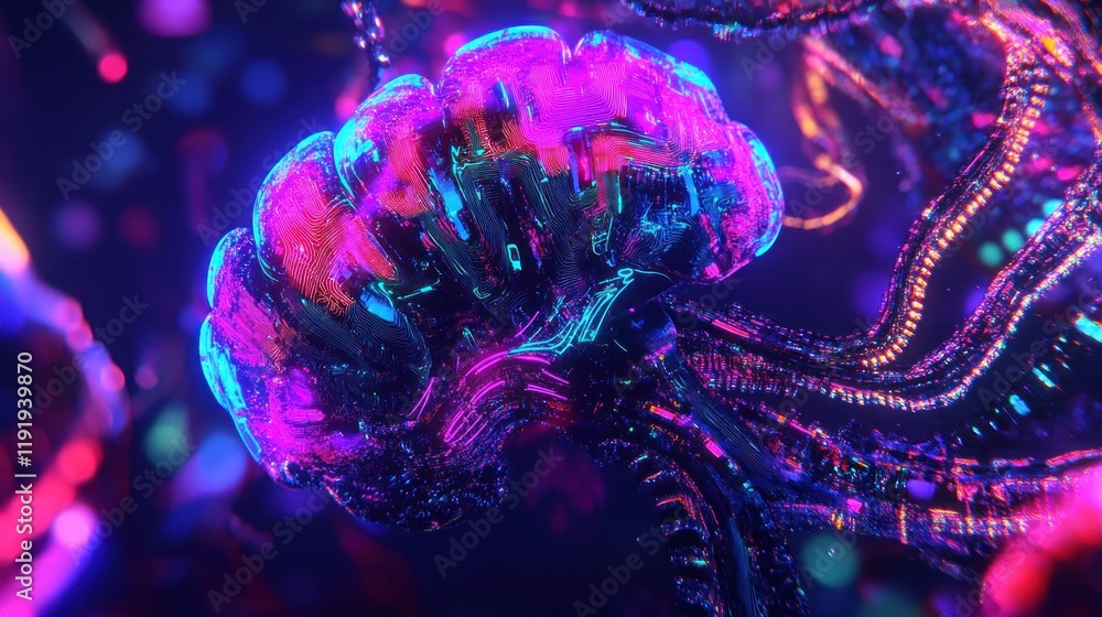 Poster abstract glowing brain structure with vibrant colors and intricate details.