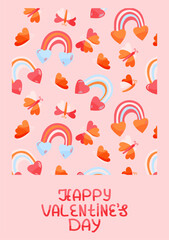 Happy Valentine day card. Rainbows on hearts, butterflies, and hand drawn lettering. For greeting cards, digital wallpapers, or festive printables