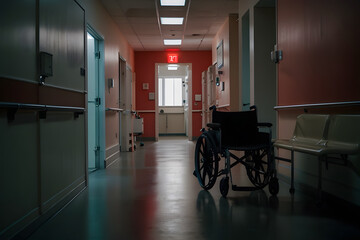 Clean,empty hospital corridor with lonely wheelchair,Hospital setting background