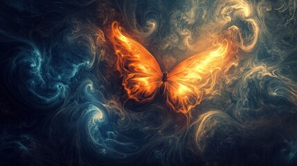 Fiery butterfly in swirling smoke, dark fantasy art.