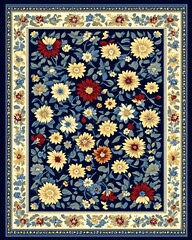 Navy Blue Floral Rug With Ornate Border Design