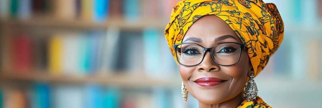 A vibrant, warm portrait of a confident older woman, perfect for celebrating wisdom and grace, suitable for educational materials or events honoring elders.