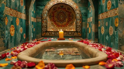 Obraz premium A serene spa setting with a candle and flower petals surrounding a tranquil water feature.