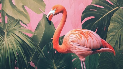 Pink flamingo amidst lush tropical foliage on pink background.