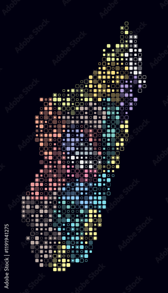 Poster madagascar, shape of the country built of colored cells. digital style map of madagascar on a dark b