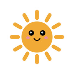 A cheerful yellow sun vector illustration with a smiling face, round eyes, pink cheeks, and radiating rays. Perfect for weather, summer, or happy theme