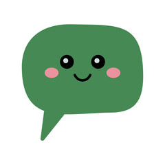 A cute green speech bubble vector illustration with a smiling face, round eyes, and pink cheeks. Simple and playful design, perfect for communication or children's theme