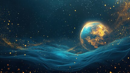 Fototapeta premium Glowing Earth in cosmic dust and energy waves.