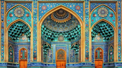 Obraz premium Intricate architectural design featuring colorful tiles and ornate patterns in a historical setting.