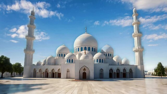 A magnificent white mosque under the blue sky. Seamless 4K looping timelapse video animation background