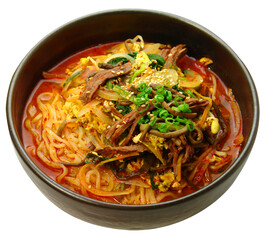Spicy Korean Yukgaejang Noodle Soup in Black Bowl