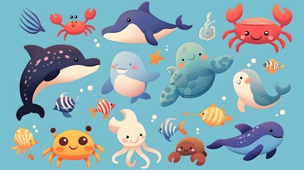 Cute sea animals like crabs, dolphins, and turtles in cartoon style for children's activities.