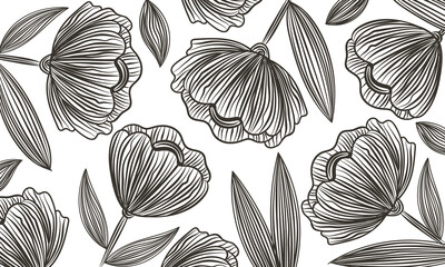 Floral pattern in black outline style on white background. For wallpapers, cards, banners, invitations, prints, modern stationery