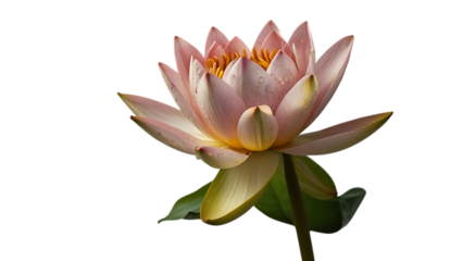 A delicate pink and white lotus flower with a green stem and leaf. The flower is blooming and has a bright yellow center.