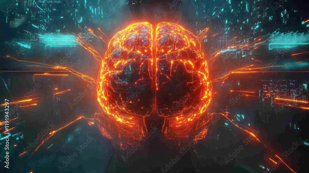 Aufkleber glowing brain with digital data streams.