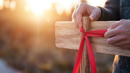 person romance signs silhouette sunrise concept. Hands tying a red ribbon around a wooden cross at sunset.
