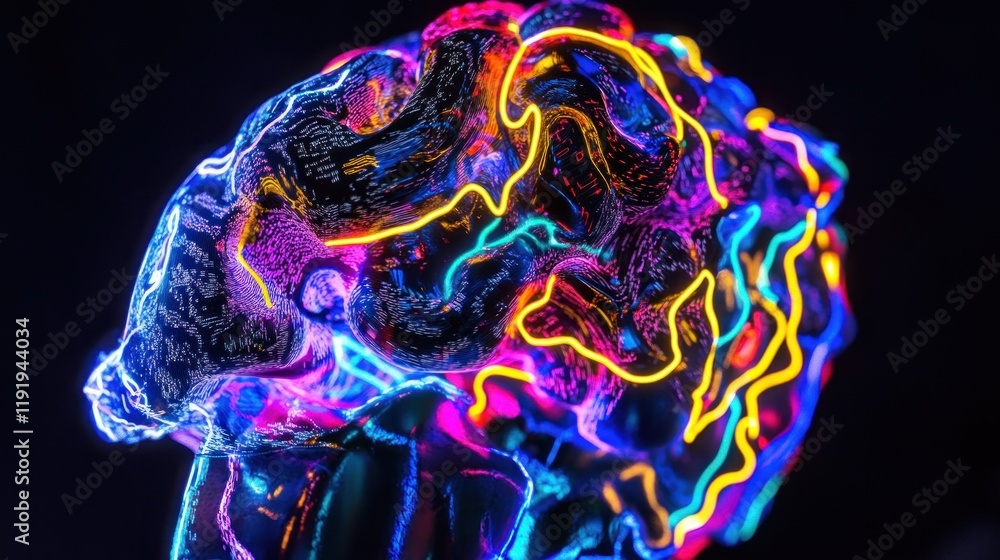 Poster abstract neon brain structure with vibrant colors and glowing lines.