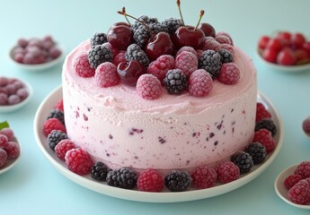 Delicious Pink Berry Dessert Cake Topped with Fresh Cherries, Blackberries, and Raspberries on a Light Blue Table Setting Perfect for Any Celebration