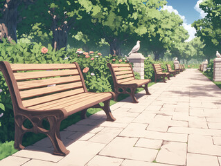Serene Park Pathway with Wooden Benches