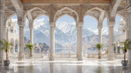 Fototapeta premium A grand architectural space with arches, overlooking mountains and a serene lake.