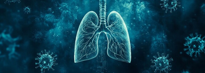 A human HMPV with a background of a virus and a lung blueprint represents a respiratory disease that causes symptoms similar to the flu.