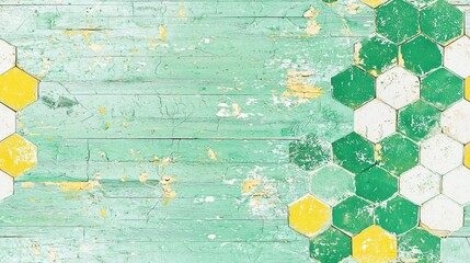 Green and yellow hexagon tile floor on aged wood.  Background texture for design