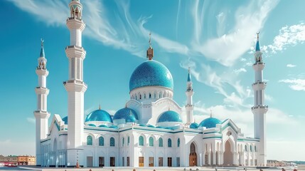 Fototapeta premium A grand mosque featuring blue domes and tall minarets against a bright sky.