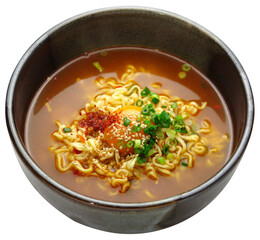 Korean Spicy Ramen Noodle Soup with Egg and Garnishes