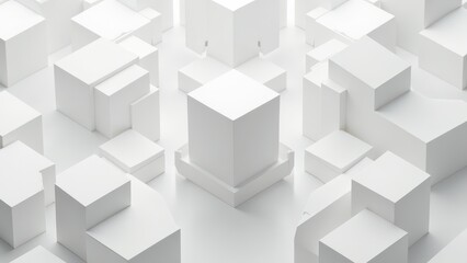 A captivating array of white 3D cubes in varying sizes and shapes, artfully arranged and partially stacked on a pristine white surface, inviting viewers into their geometric elegance