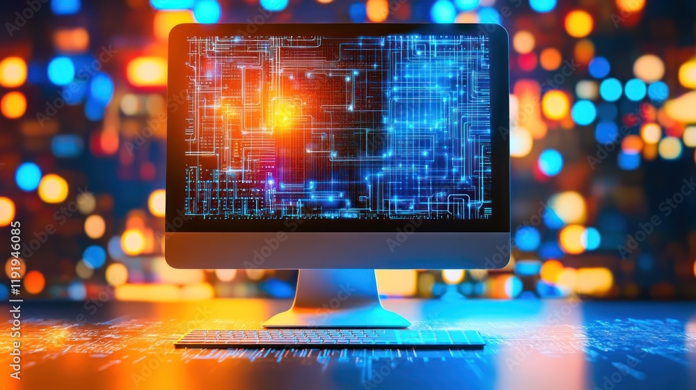 Aufkleber computer screen displaying circuit board design, glowing in dark.