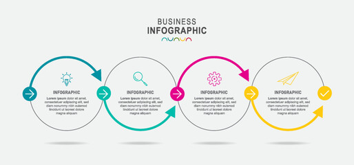 Line flow infographic. 4 steps circle timeline milestone graphic, presentation banner concept.
