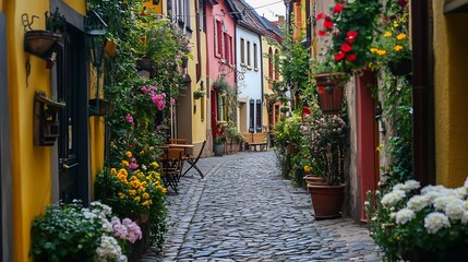 Naklejka premium Charming Cobblestone Street with Vibrant Flowers in Europe