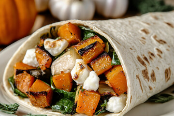 A gluten-free wrap with roasted veggies and goat cheese. (Generative AI)
