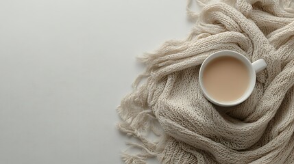 Cozy autumn morning warm drink on knitted scarf. Perfect for blog, website, or social media