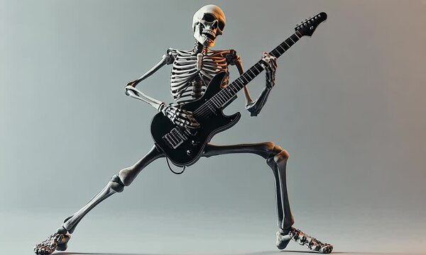 Skeleton Playing Electric Guitar in Dynamic Rock Pose on a Solid Background, Capturing the Spirit of Music and Halloween Vibes in an Eye-Catching Graphic