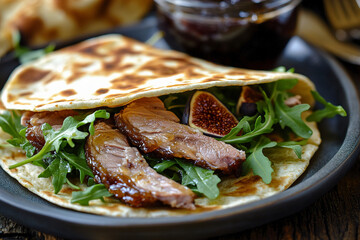 A gourmet tortilla with duck confit, arugula, fig, and jam. (Generative AI)