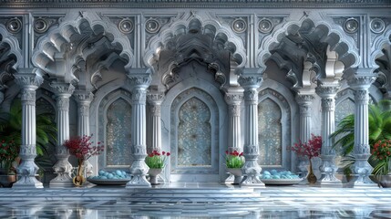 Fototapeta premium Ornate architectural interior featuring intricate arches, columns, and decorative elements.