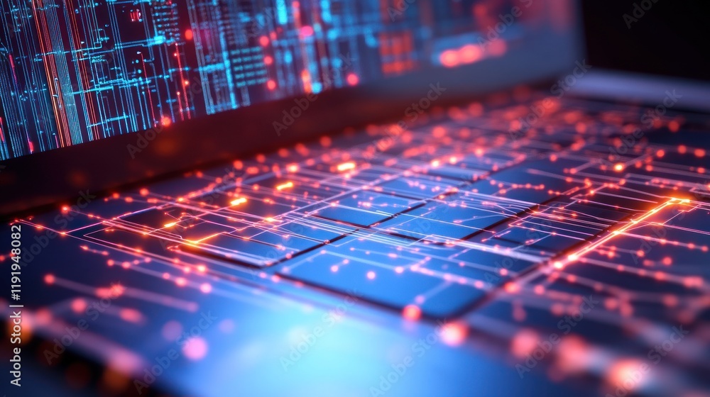 Poster glowing digital data streams across laptop keyboard.