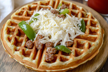 Fototapeta premium A top view of a pizza waffle with Italian sausage, peppers, and shredded mozzarella. (Generative AI)