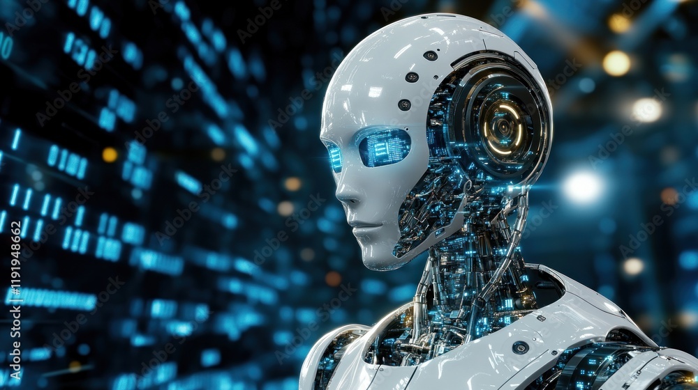 Poster futuristic humanoid robot head and shoulders, detailed mechanism visible against a binary code backg