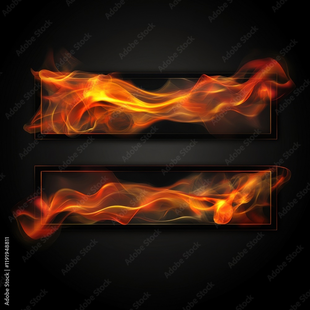 Poster abstract fiery banners: a dark background showcases two rectangular frames filled with dynamic, oran