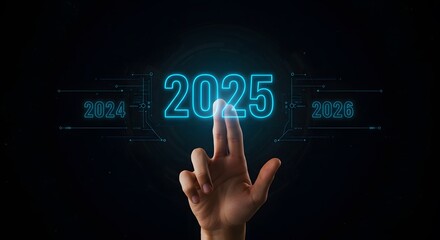 Countdown 2024 to 2025, Hand Selecting 2025 on Futuristic Interface.

