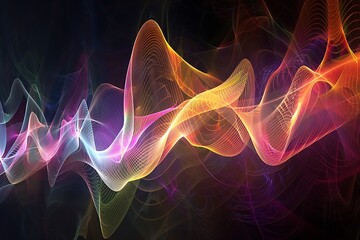 Obraz premium Abstract image of flowing, colorful waves. Vibrant hues blend, suggesting energy, movement, and data visualization. Intricate linework creates depth and texture.