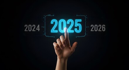 Countdown 2024 to 2025, Hand Selecting 2025 on Futuristic Interface.

