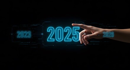 Countdown 2024 to 2025, Hand Selecting 2025 on Futuristic Interface.

